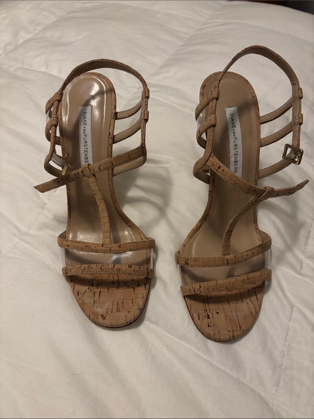 Diane von Furstenberg Cork-Strap Tan Heeled Sandals